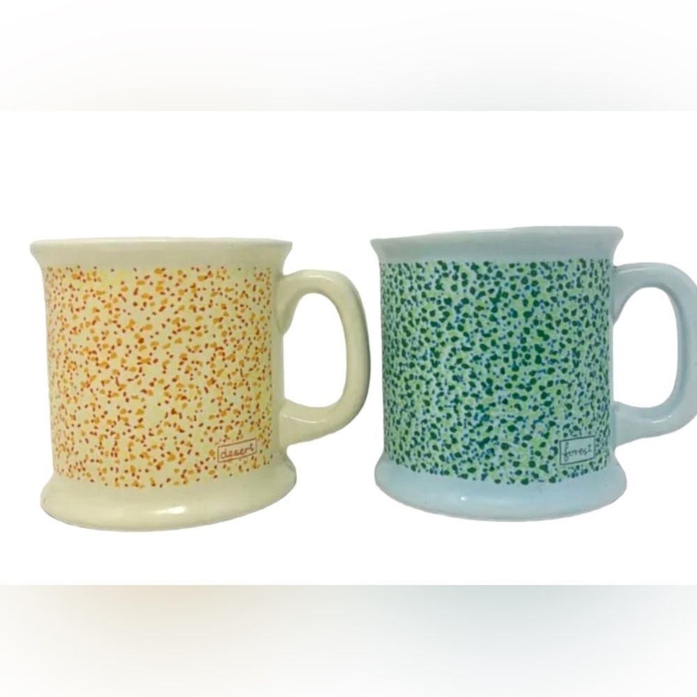Vtg I. Calvo Coffee Cup Mug Unique Forest Desert Yellow Green Retro 1983 x2